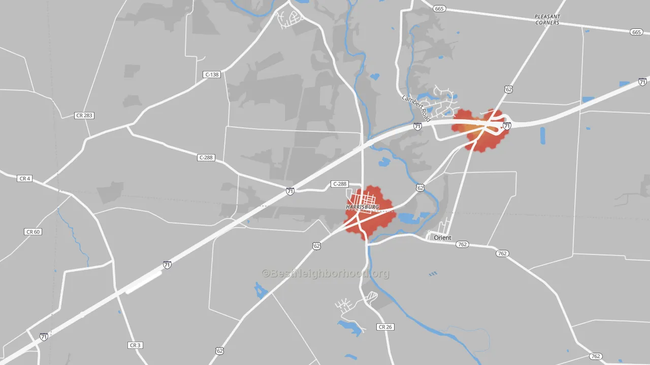 Walk Grade map of Harrisburg, OH, walkable areas in green and car-dependent areas in red