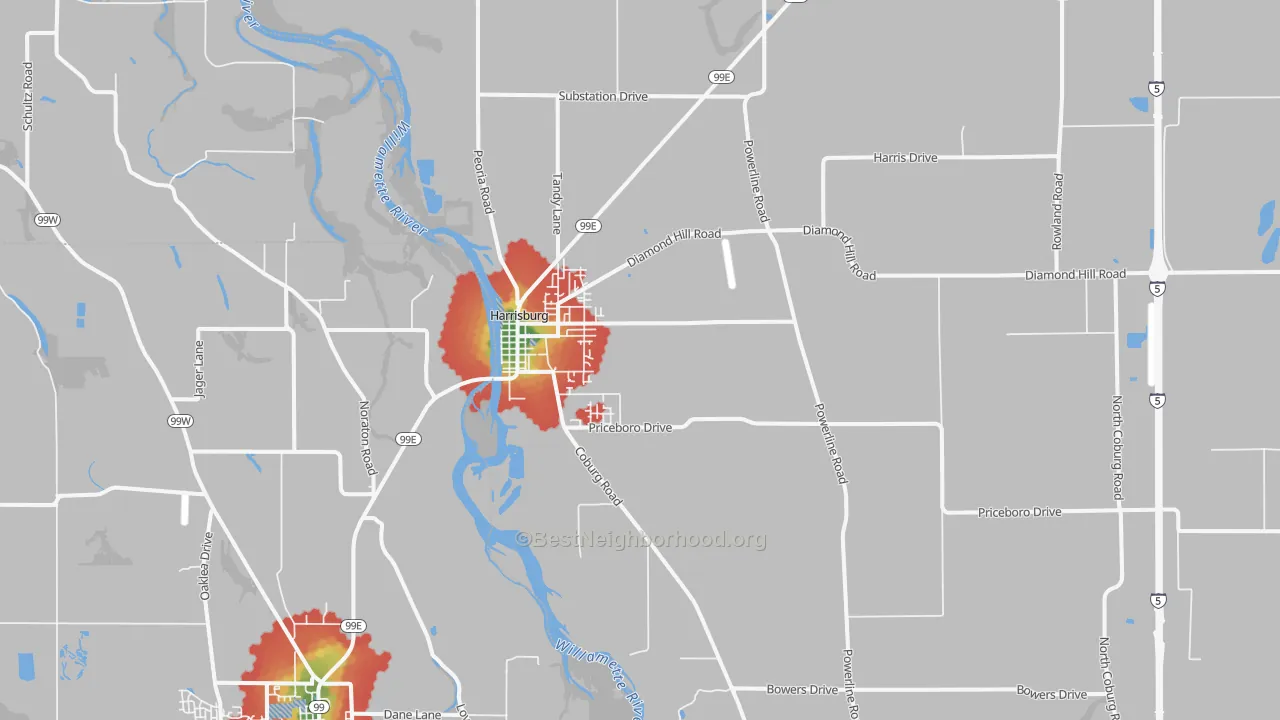 Walk Grade map of Harrisburg, OR, walkable areas in green and car-dependent areas in red
