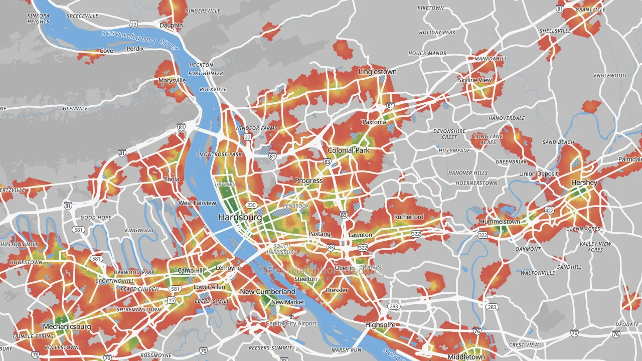 Walk Grade map of Harrisburg, PA, walkable areas in green and car-dependent areas in red