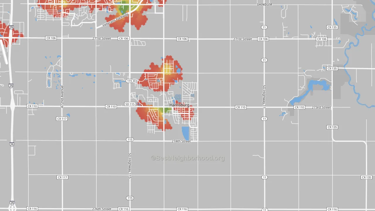 Walk Grade map of Harrisburg, SD, walkable areas in green and car-dependent areas in red
