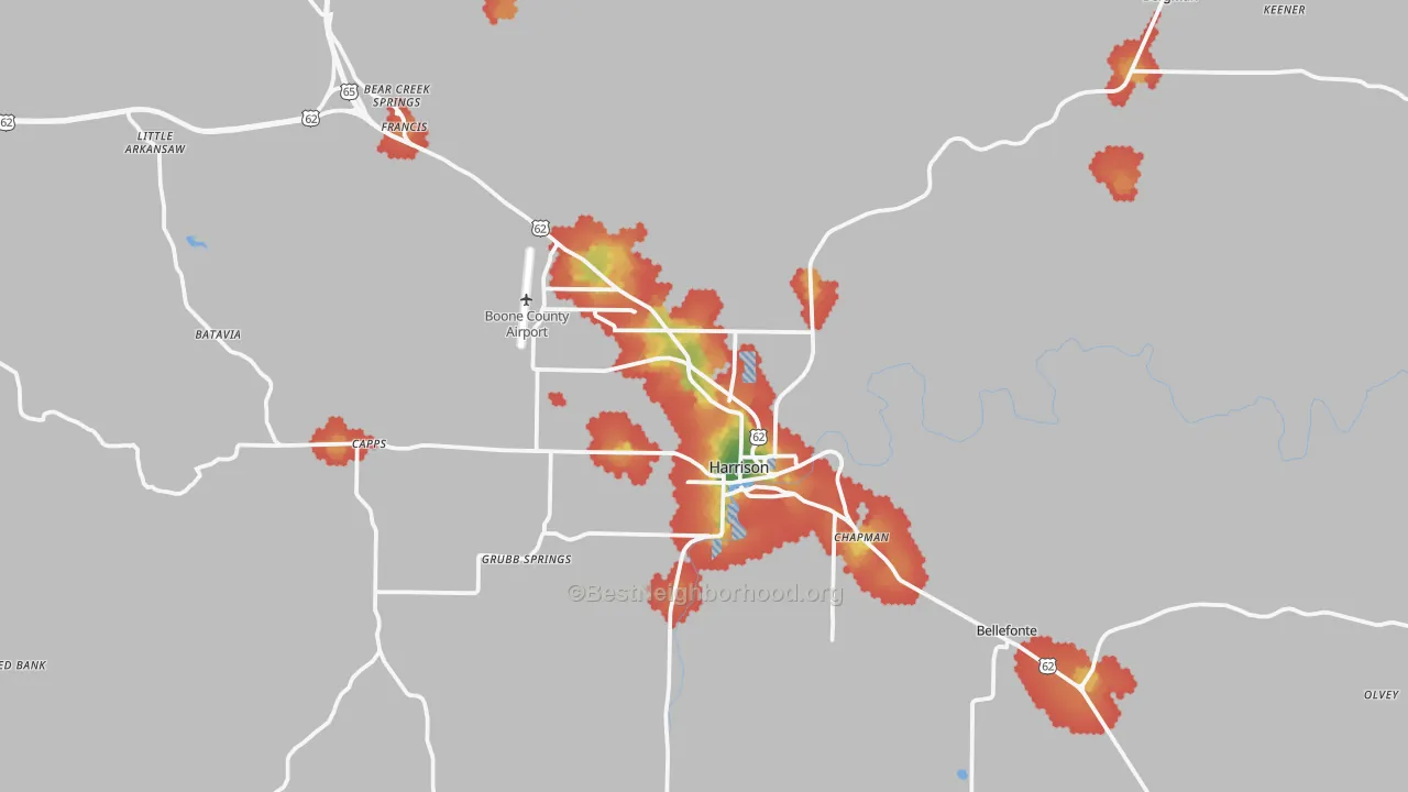 Walk Grade map of Harrison, AR, walkable areas in green and car-dependent areas in red