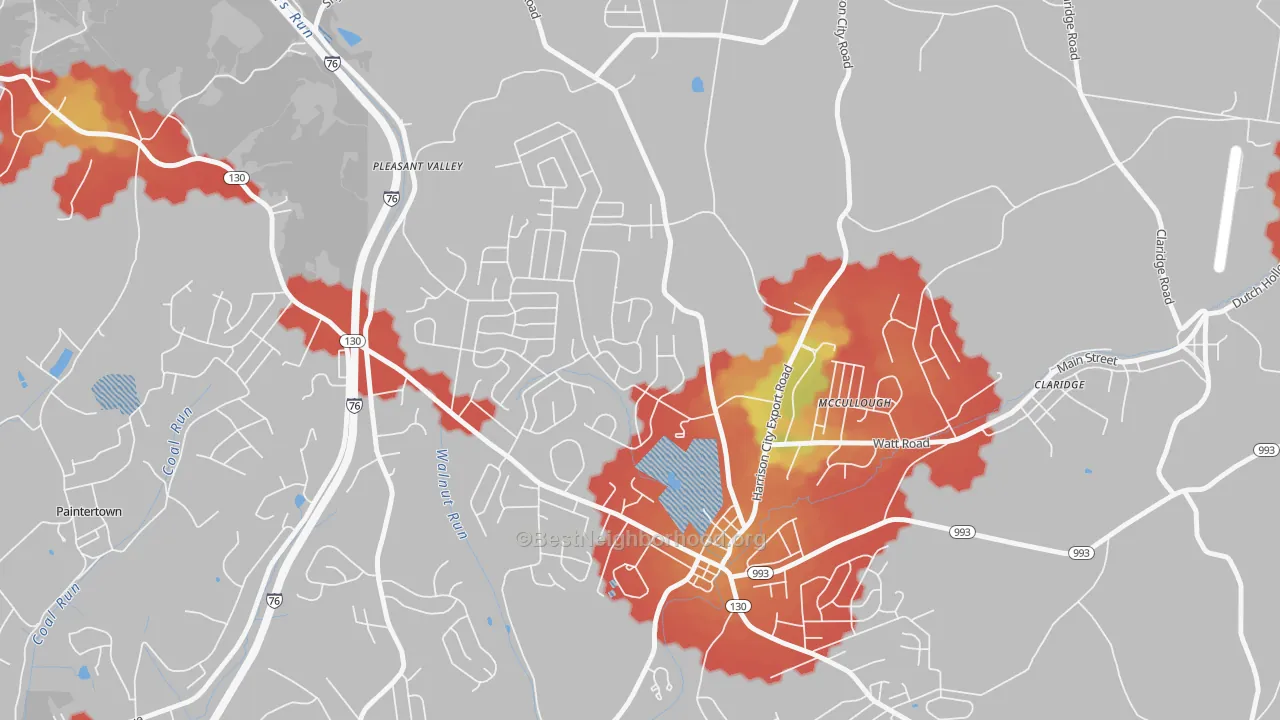 Walk Grade map of Harrison City, PA, walkable areas in green and car-dependent areas in red