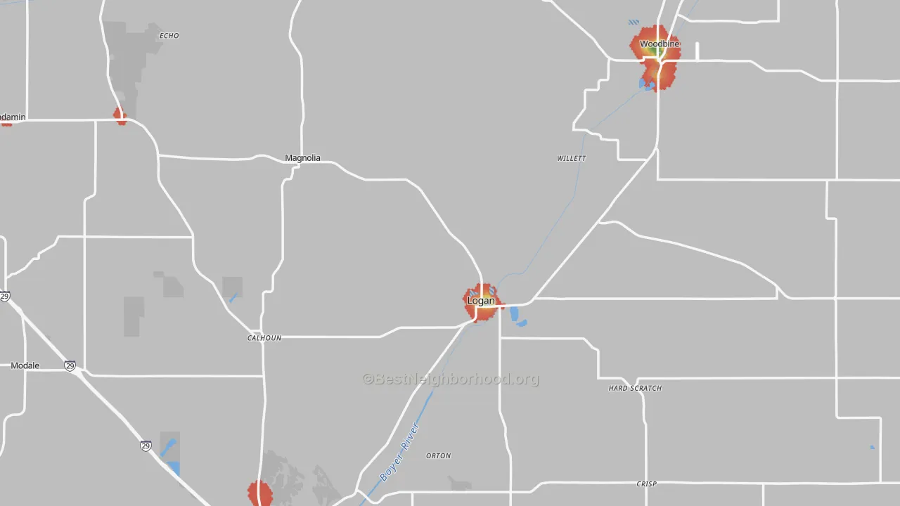 Walk Grade map of Harrison County, IA, walkable areas in green and car-dependent areas in red