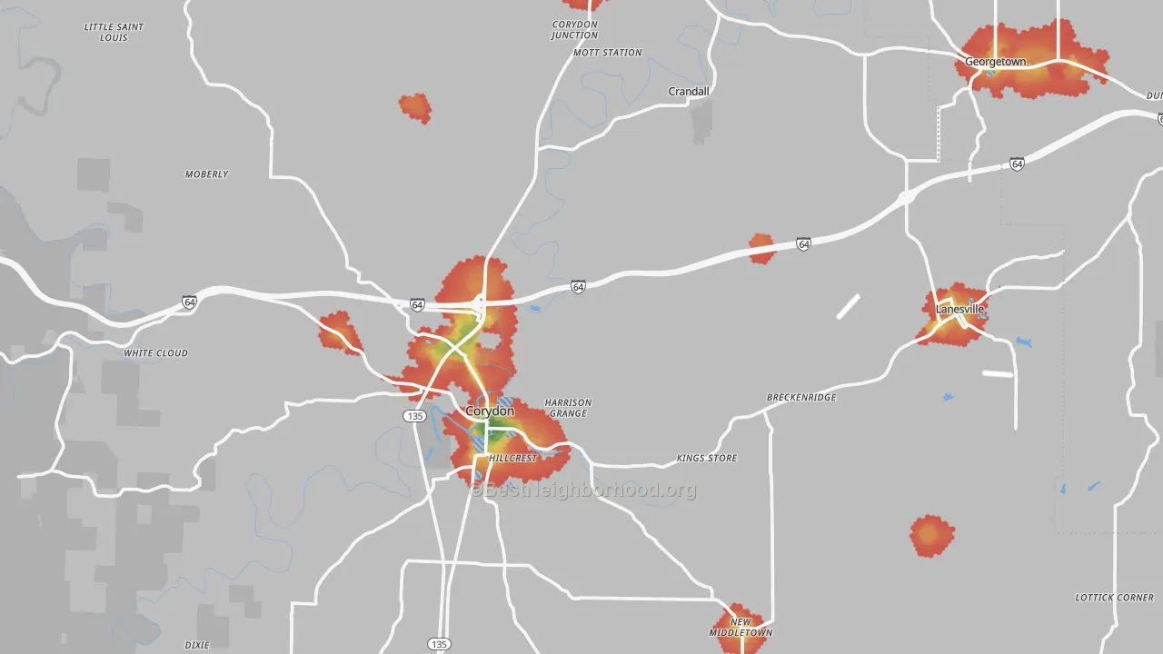 Walk Grade map of Harrison County, IN, walkable areas in green and car-dependent areas in red