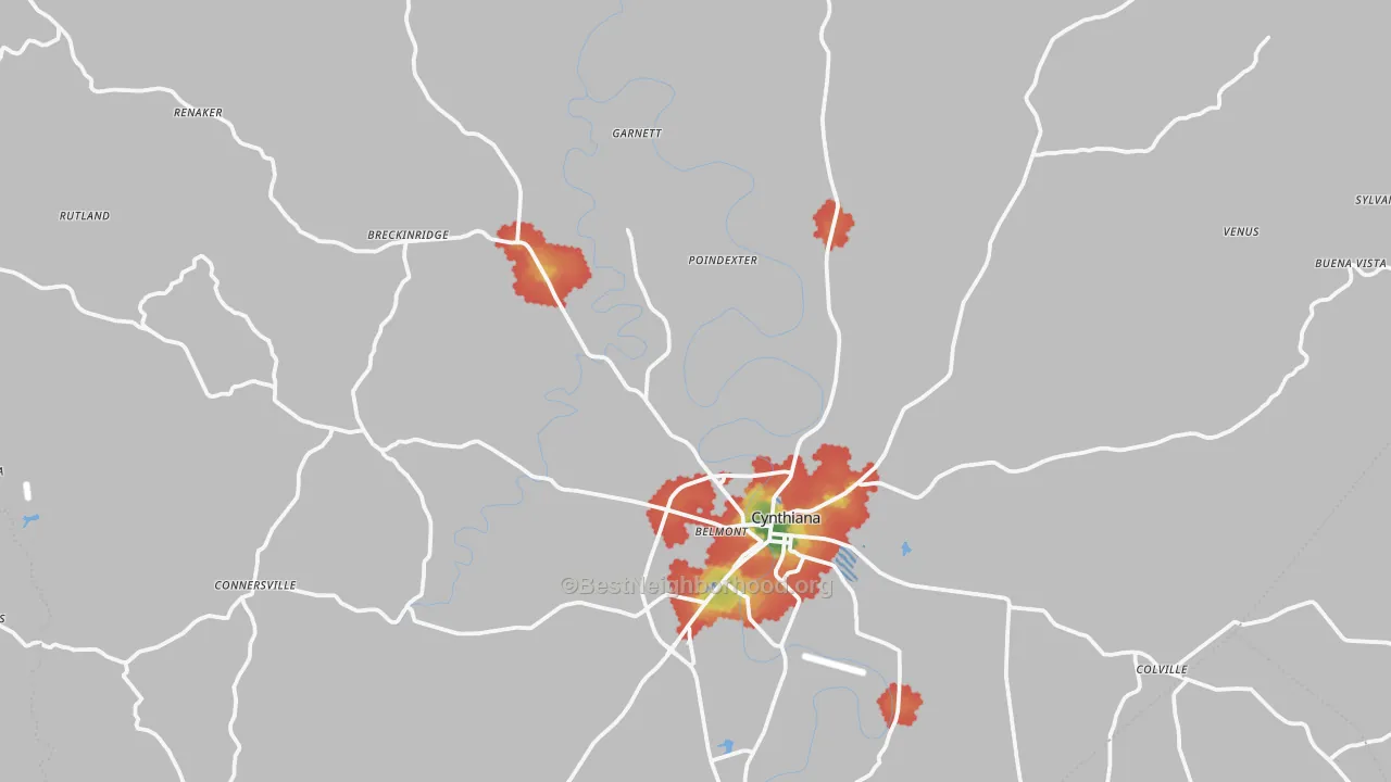 Walk Grade map of Harrison County, KY, walkable areas in green and car-dependent areas in red