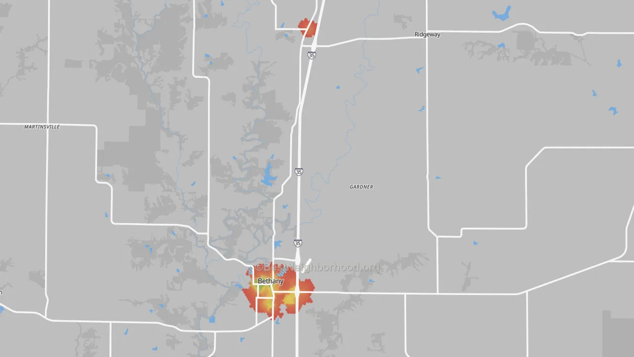 Walk Grade map of Harrison County, MO, walkable areas in green and car-dependent areas in red