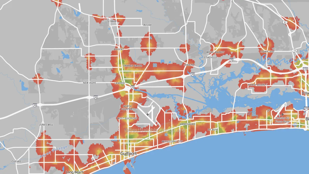 Walk Grade map of Harrison County, MS, walkable areas in green and car-dependent areas in red