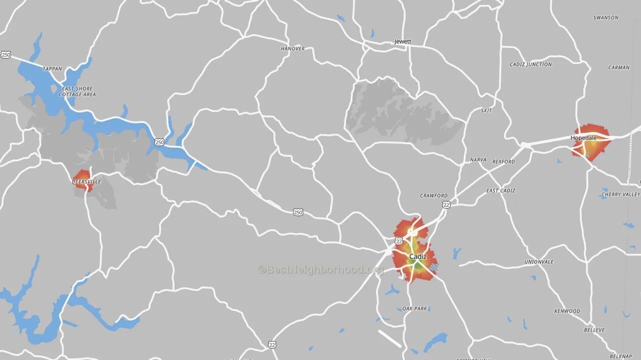 Walk Grade map of Harrison County, OH, walkable areas in green and car-dependent areas in red
