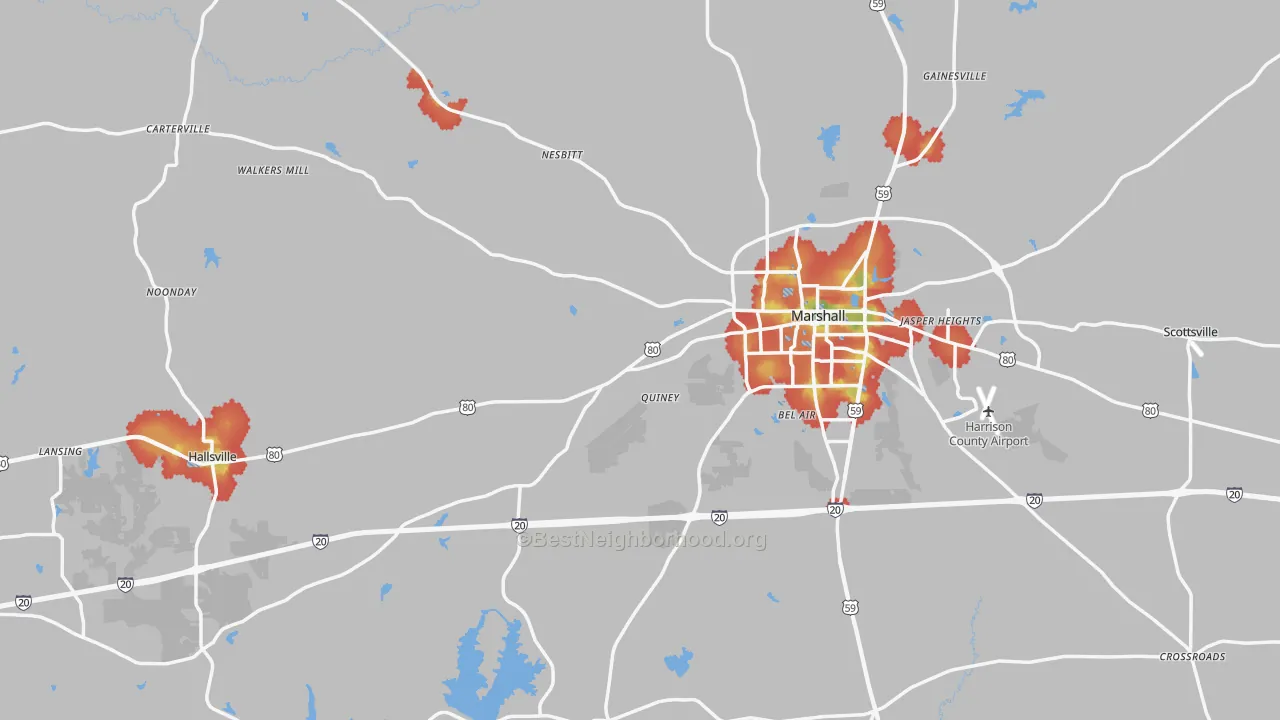 Walk Grade map of Harrison County, TX, walkable areas in green and car-dependent areas in red