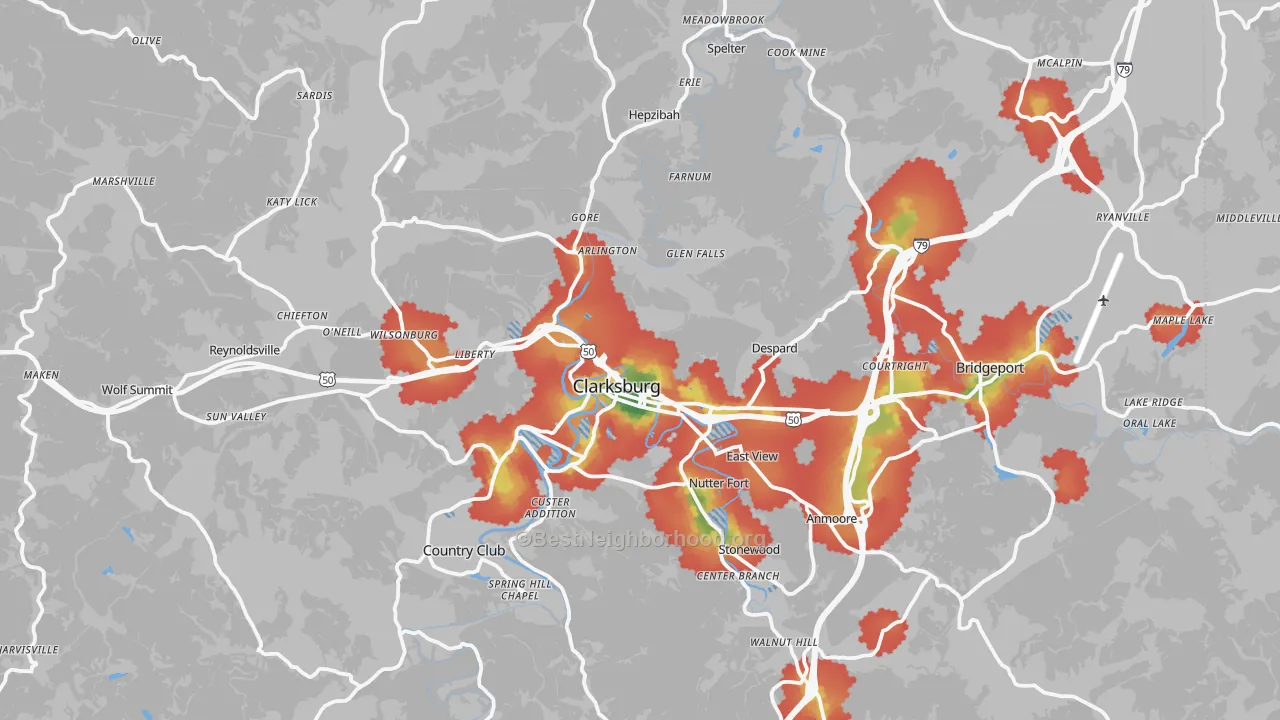 Walk Grade map of Harrison County, WV, walkable areas in green and car-dependent areas in red