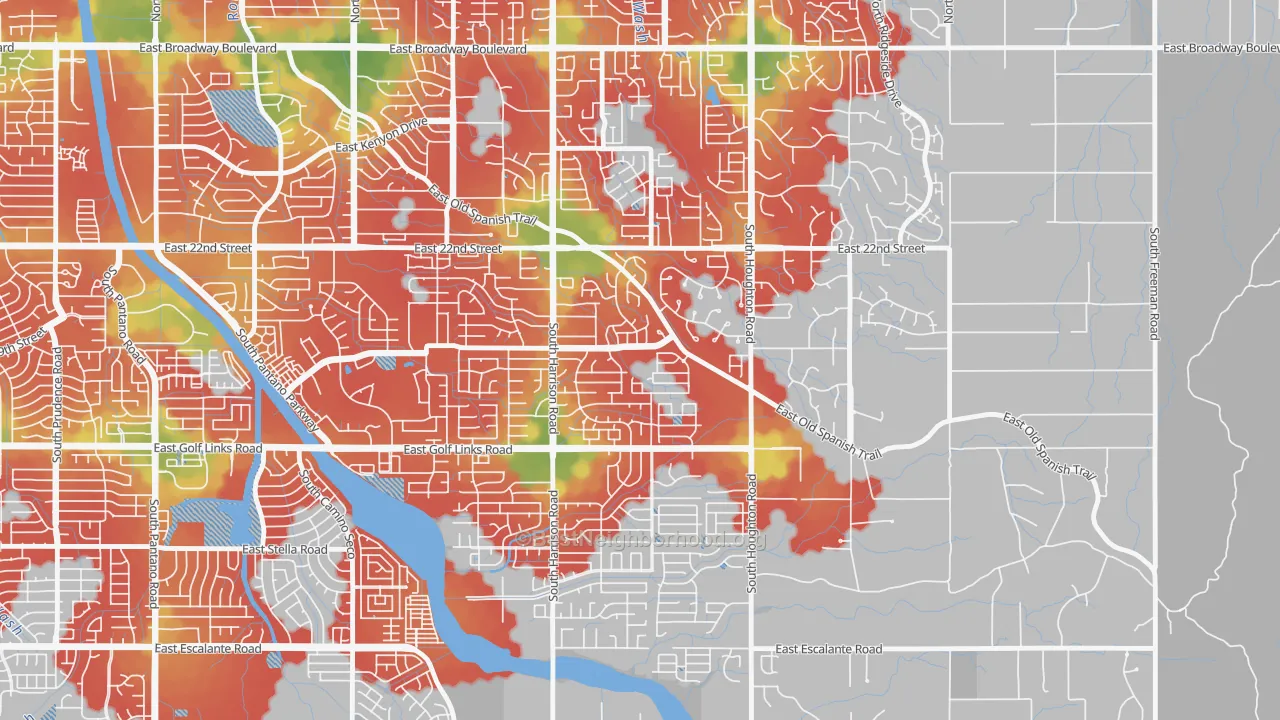 Walk Grade map of Harrison East-South, Tucson, AZ, walkable areas in green and car-dependent areas in red