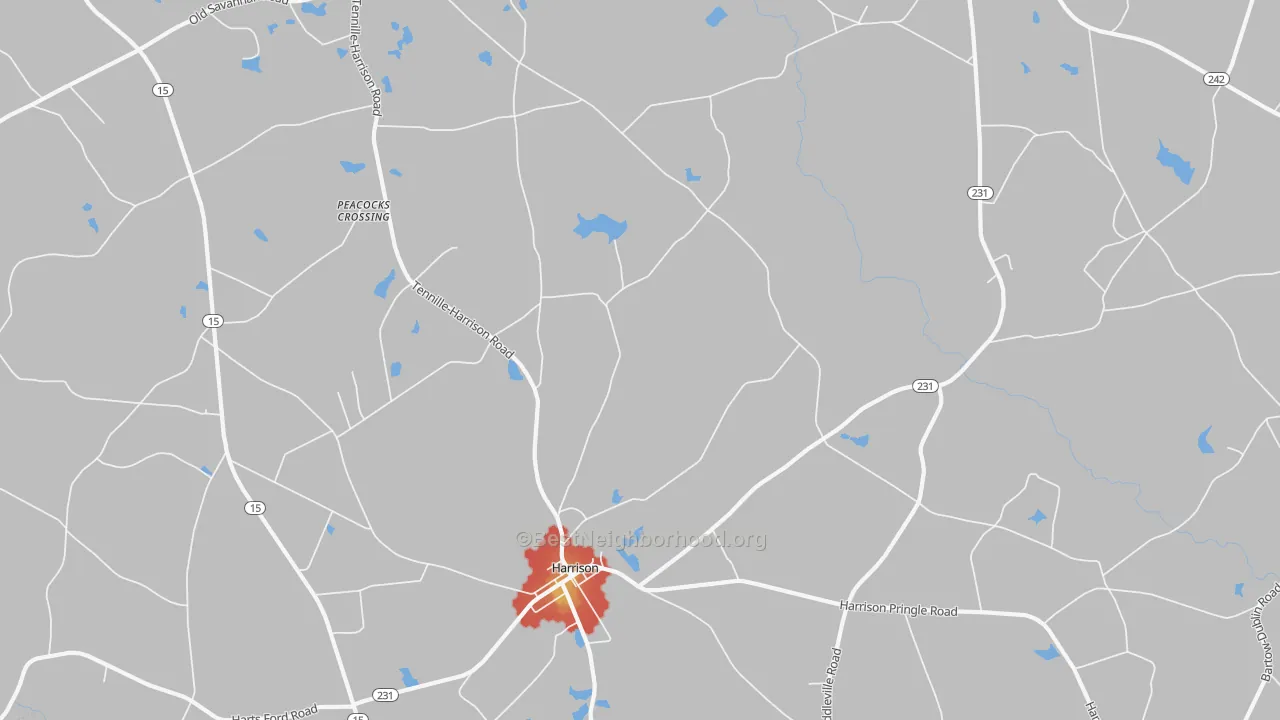 Walk Grade map of Harrison, GA, walkable areas in green and car-dependent areas in red
