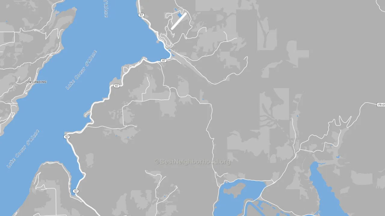 Walk Grade map of Harrison, ID, walkable areas in green and car-dependent areas in red