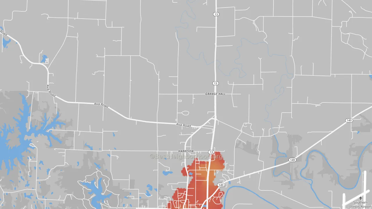 Walk Grade map of Harrison, IL, walkable areas in green and car-dependent areas in red