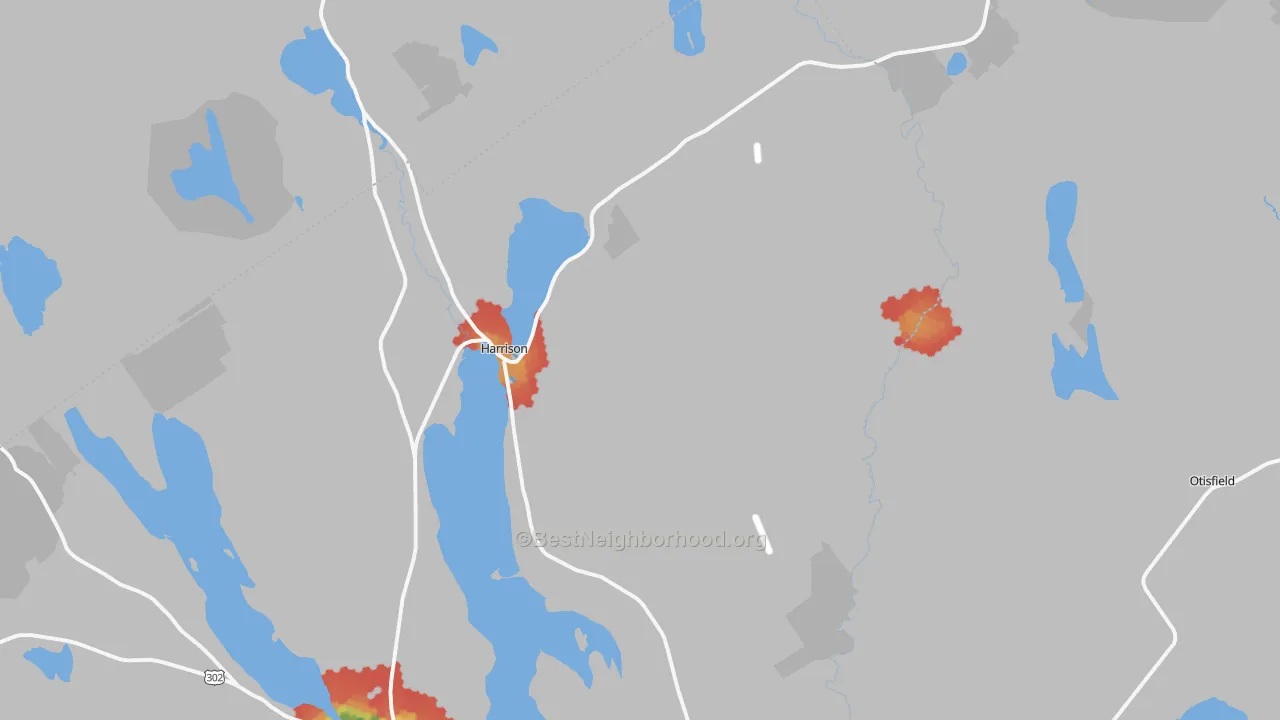 Walk Grade map of Harrison, ME, walkable areas in green and car-dependent areas in red