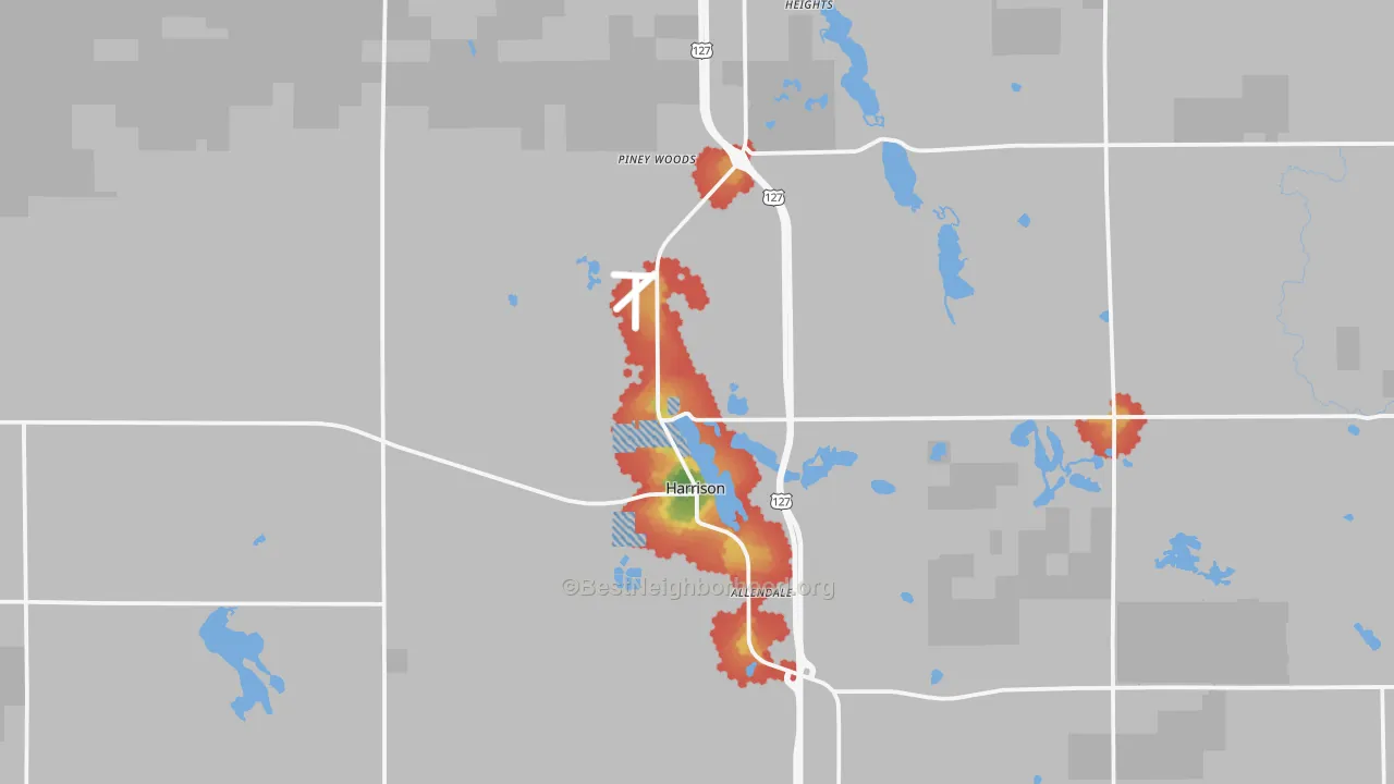 Walk Grade map of Harrison, MI, walkable areas in green and car-dependent areas in red