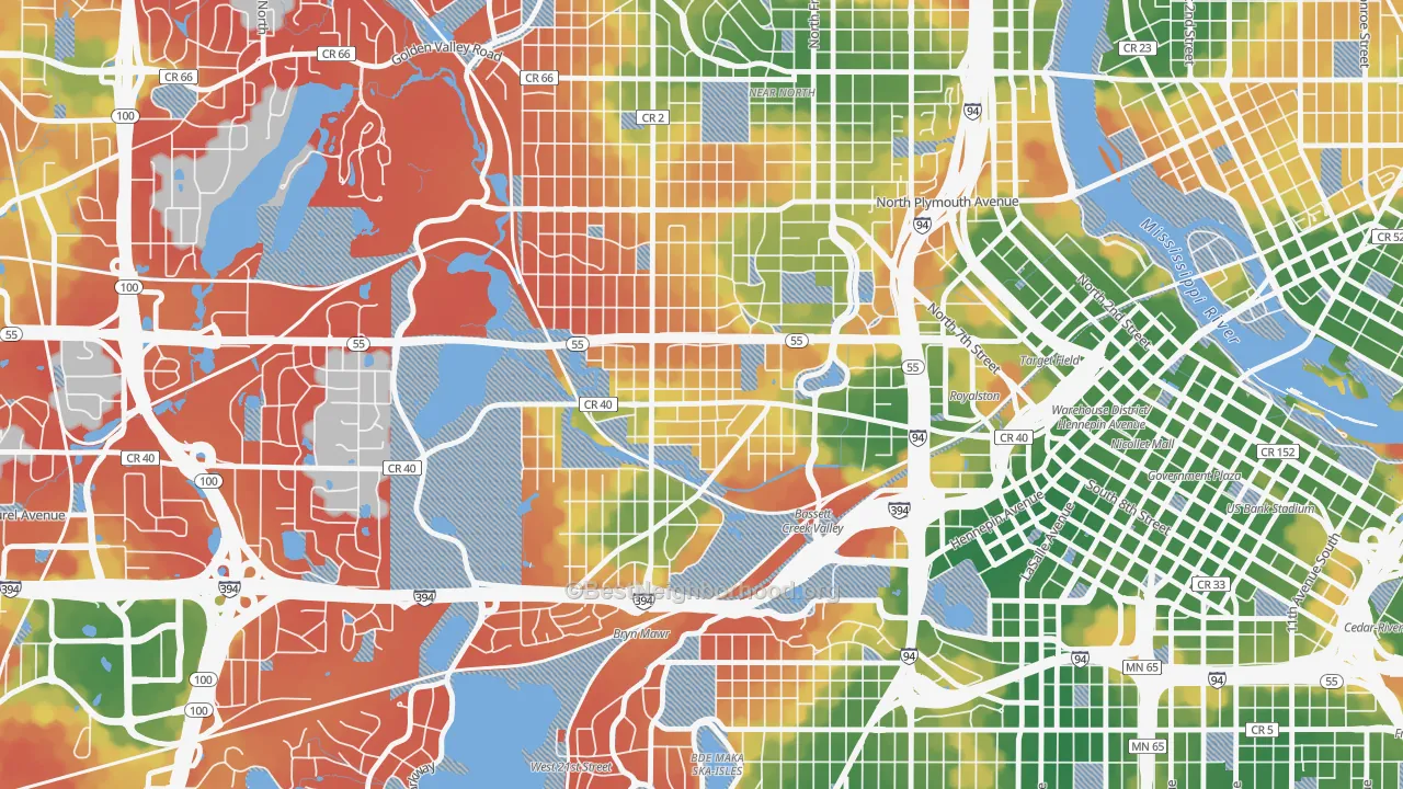 Walk Grade map of Harrison, Minneapolis, MN, walkable areas in green and car-dependent areas in red