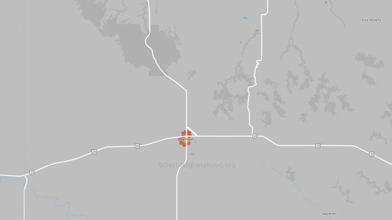 Walk Grade map of Harrison, NE, walkable areas in green and car-dependent areas in red