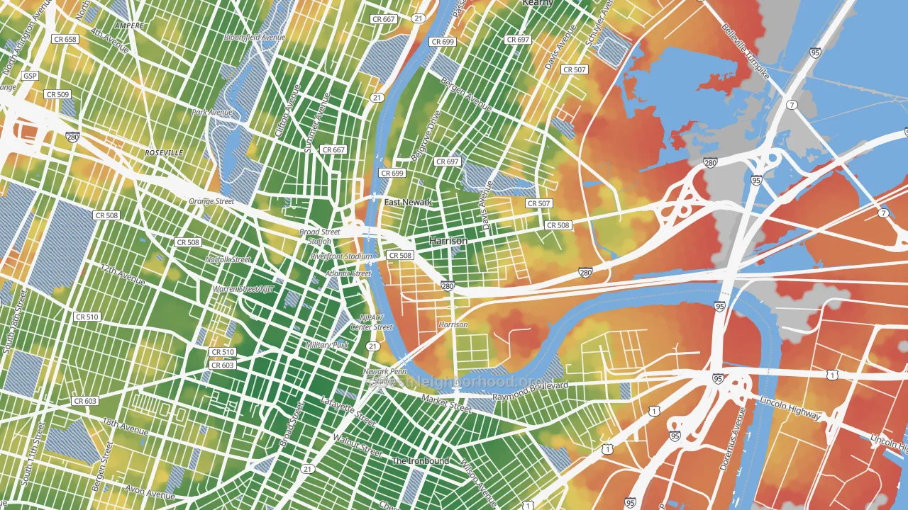 Walk Grade map of Harrison, NJ, walkable areas in green and car-dependent areas in red