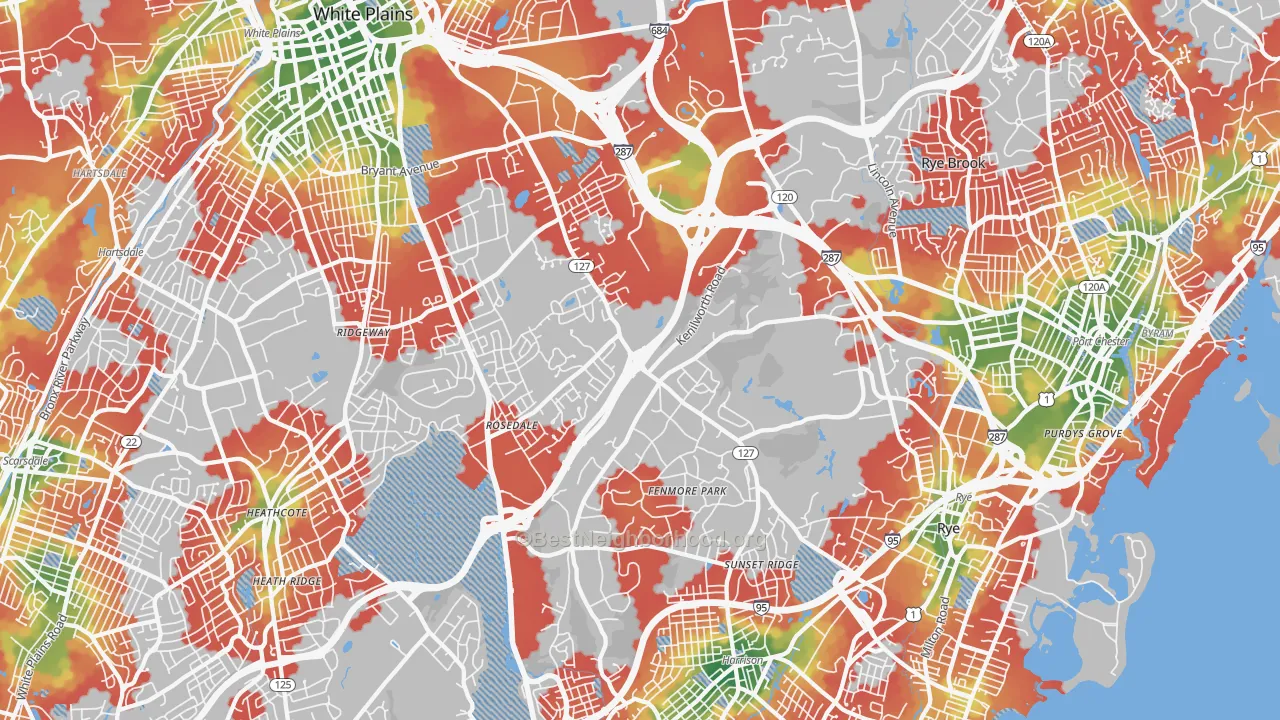 Walk Grade map of Harrison, NY, walkable areas in green and car-dependent areas in red