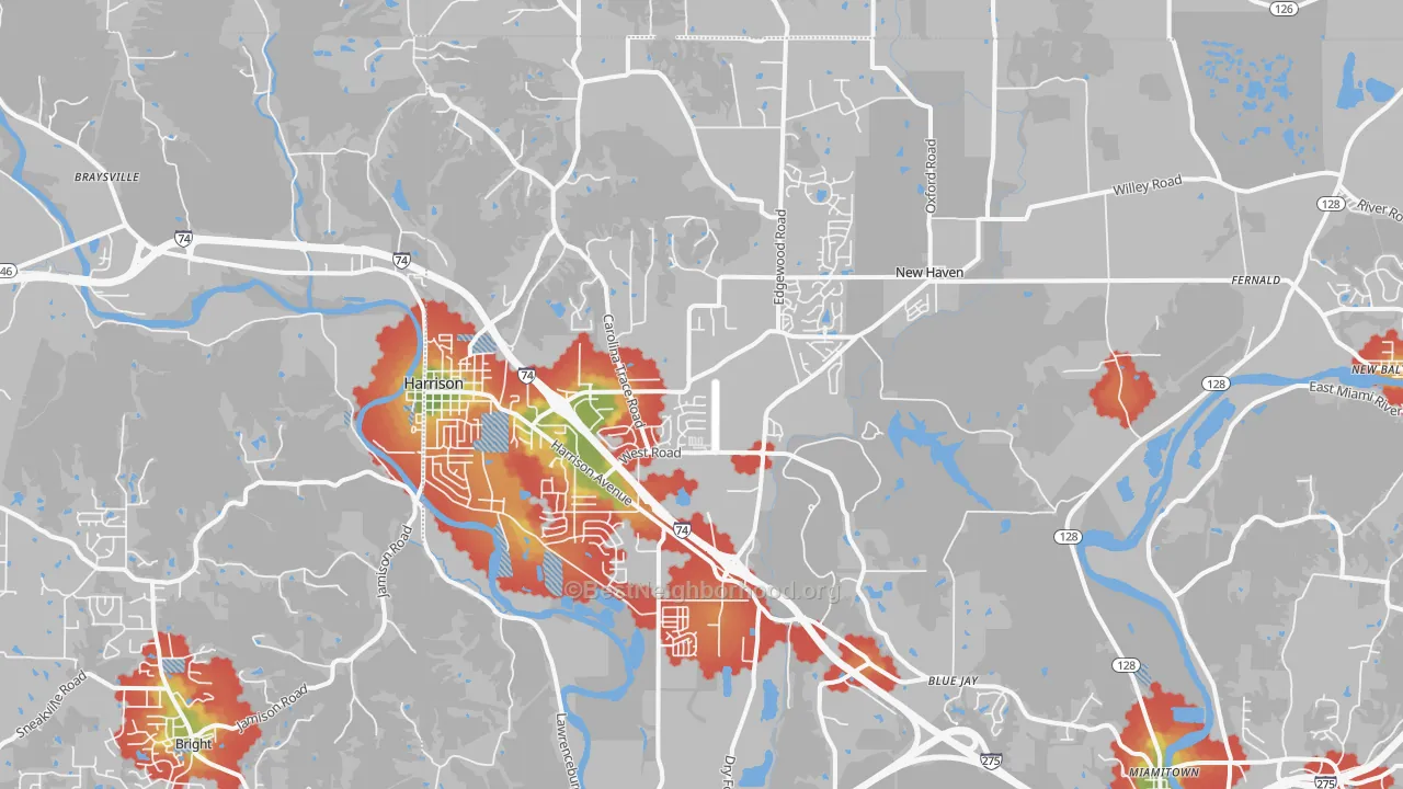 Walk Grade map of Harrison, OH, walkable areas in green and car-dependent areas in red