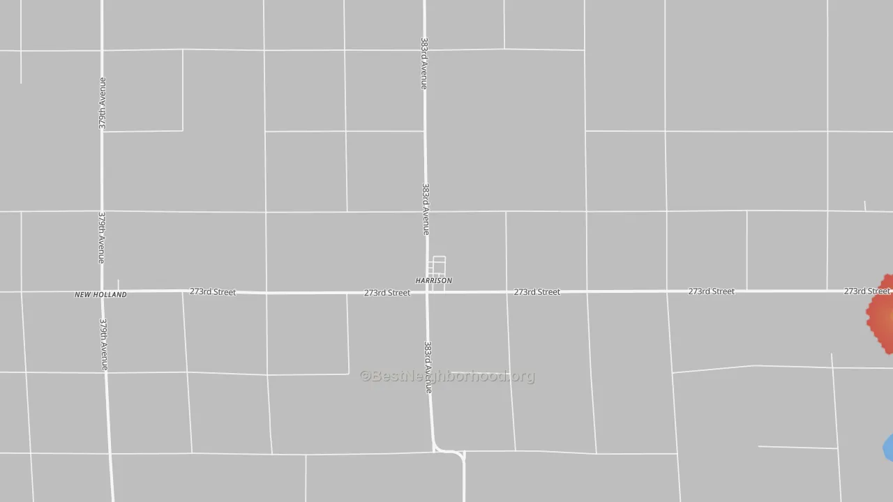 Walk Grade map of Harrison, SD, walkable areas in green and car-dependent areas in red