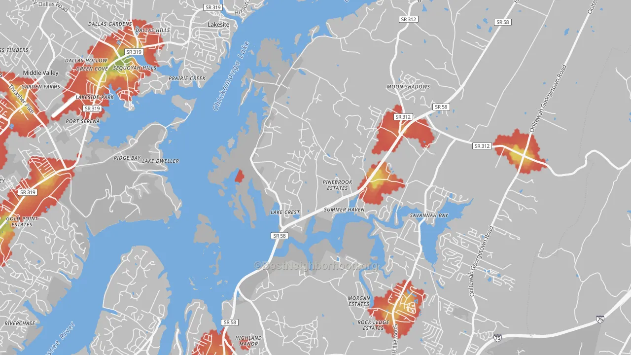 Walk Grade map of Harrison, TN, walkable areas in green and car-dependent areas in red