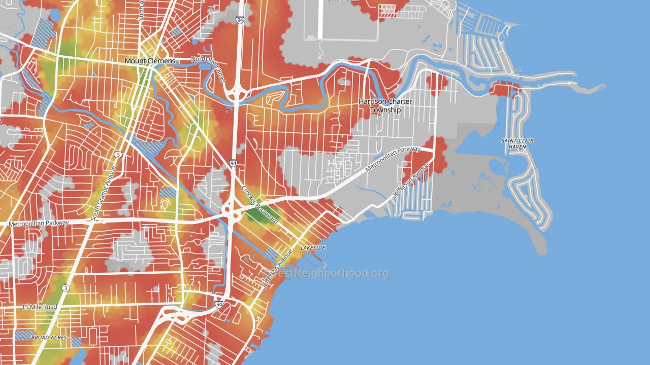 Walk Grade map of Harrison Township, MI, walkable areas in green and car-dependent areas in red