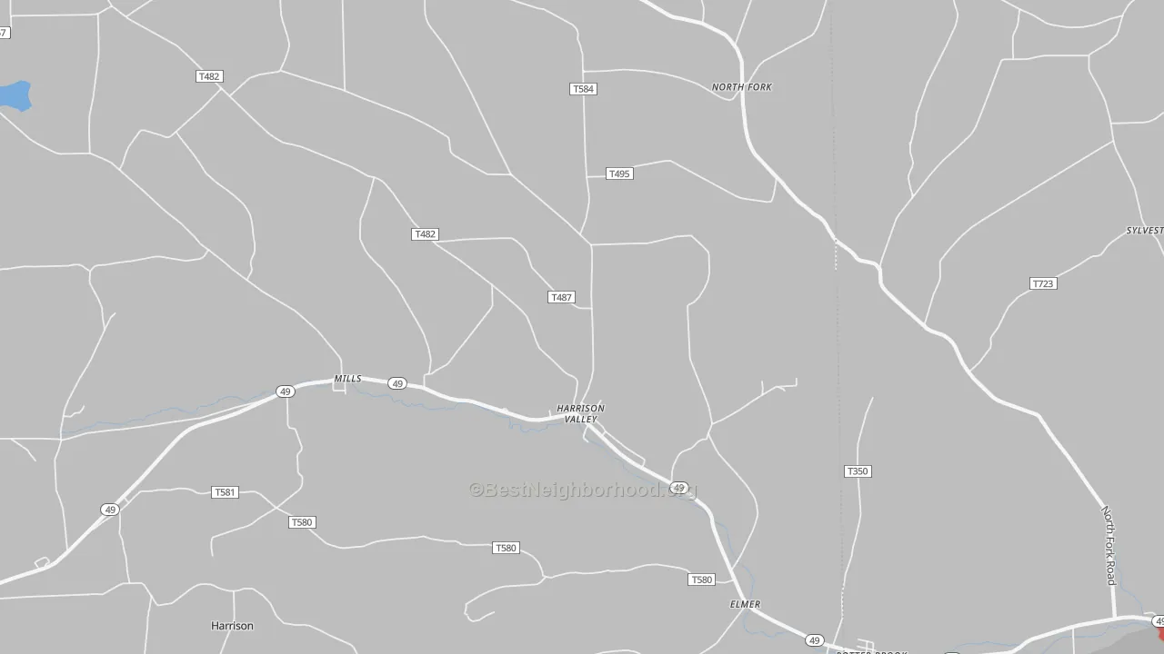 Walk Grade map of Harrison Valley, PA, walkable areas in green and car-dependent areas in red