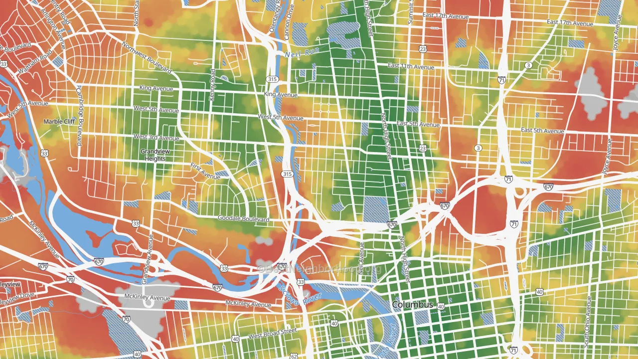 Walk Grade map of Harrison West, Columbus, OH, walkable areas in green and car-dependent areas in red