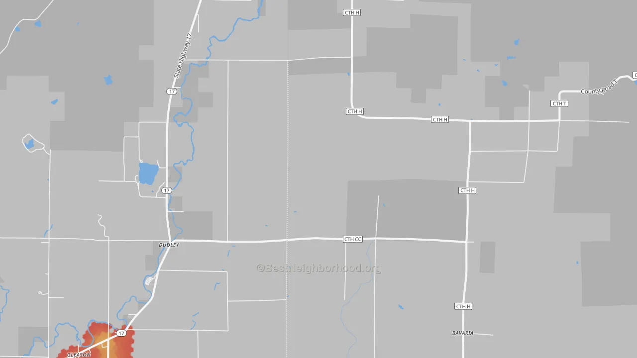Walk Grade map of Harrison, WI, walkable areas in green and car-dependent areas in red