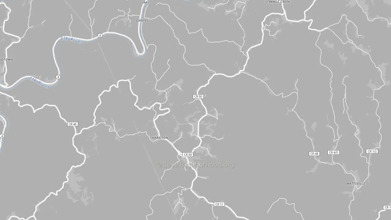 Walk Grade map of Harrison, WV, walkable areas in green and car-dependent areas in red