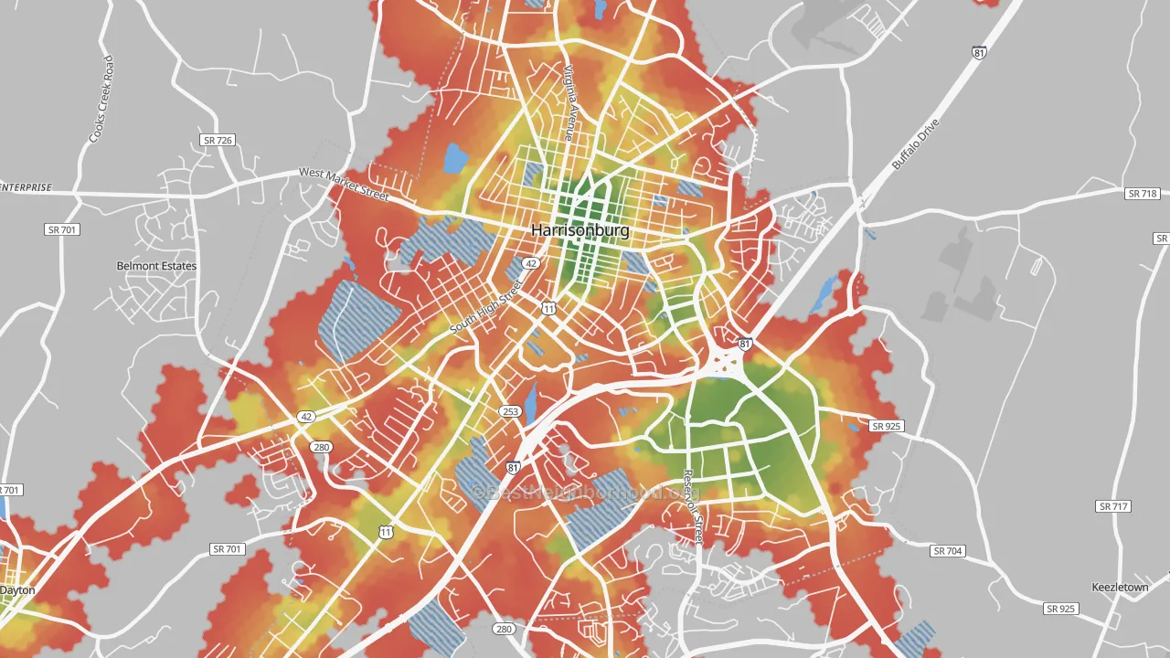 Walk Grade map of Harrisonburg City, VA, walkable areas in green and car-dependent areas in red