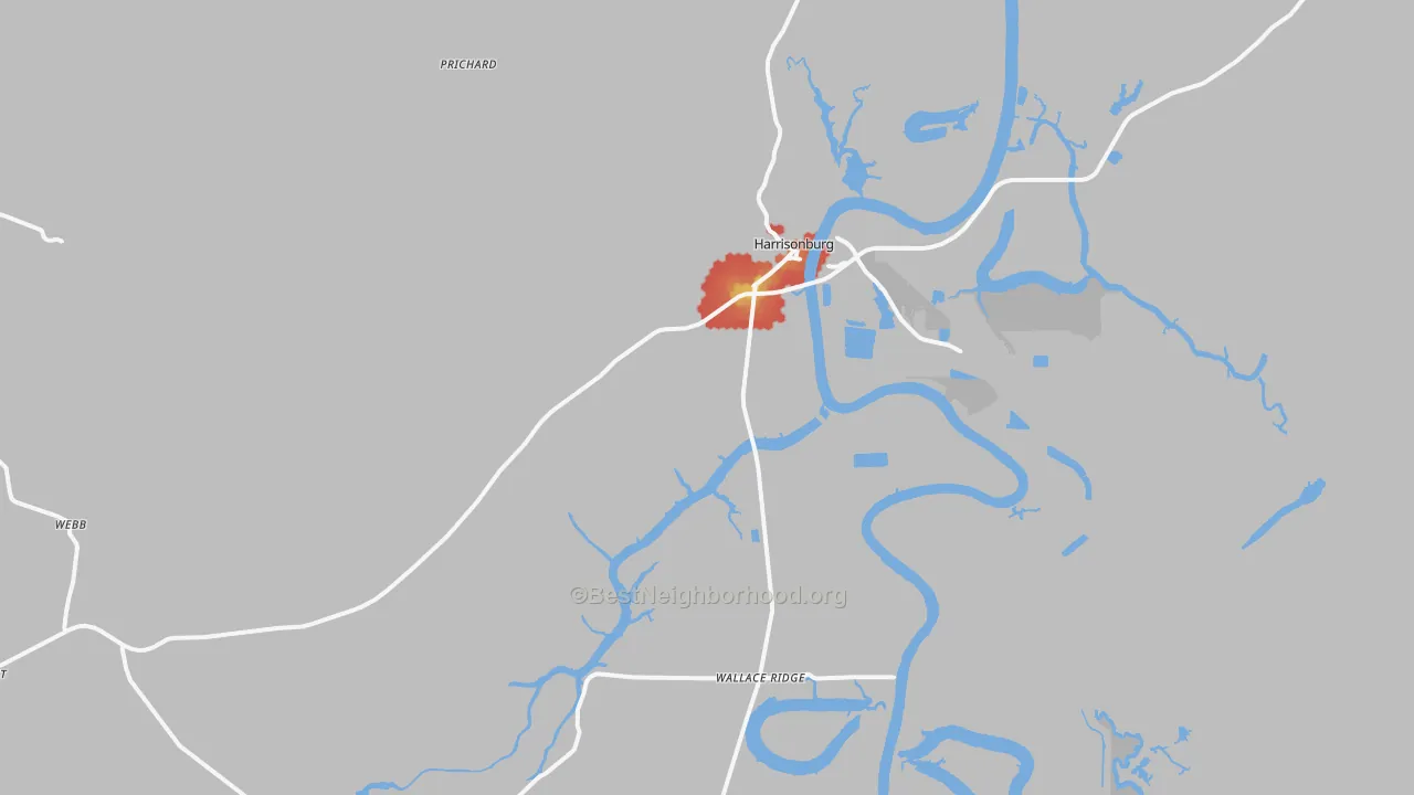Walk Grade map of Harrisonburg, LA, walkable areas in green and car-dependent areas in red