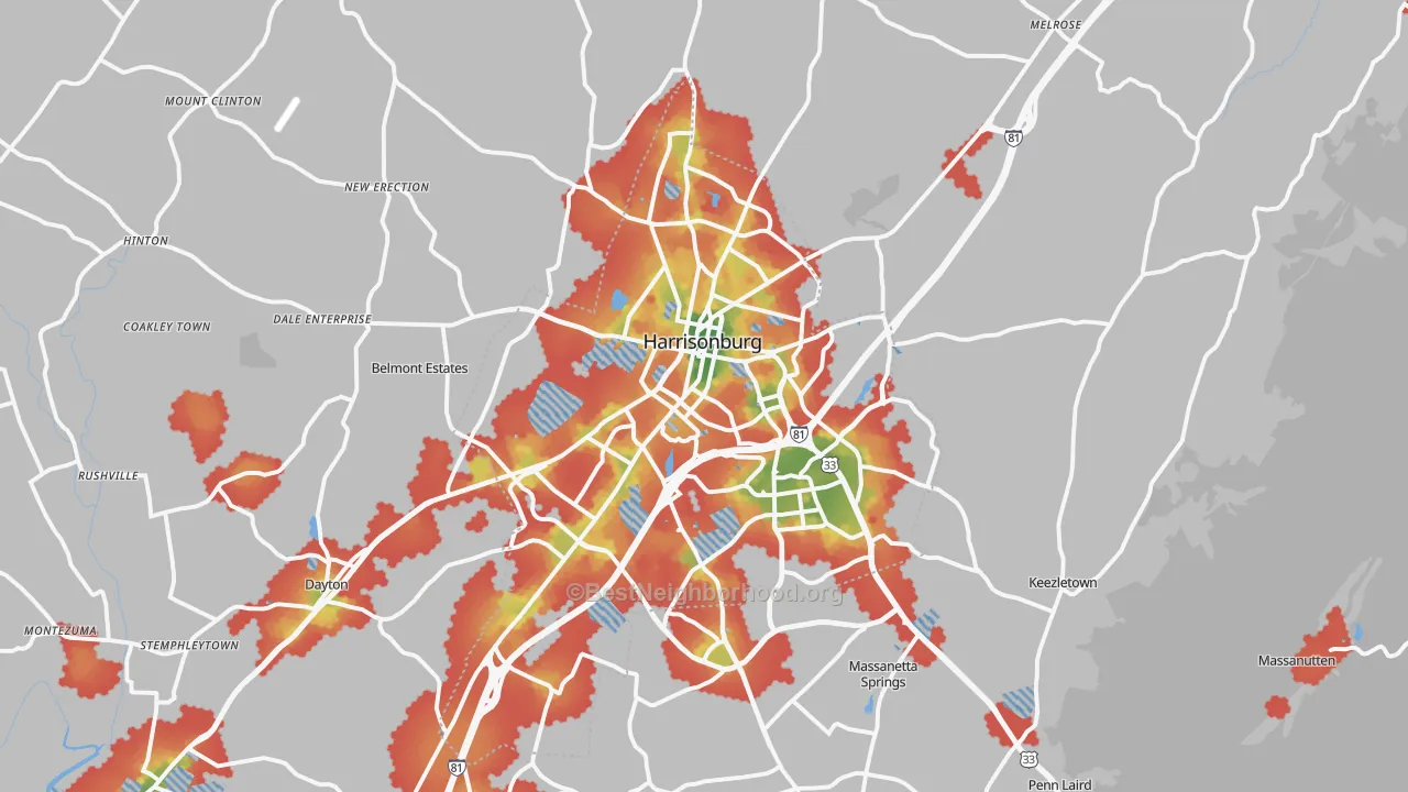 Walk Grade map of Harrisonburg, VA, walkable areas in green and car-dependent areas in red