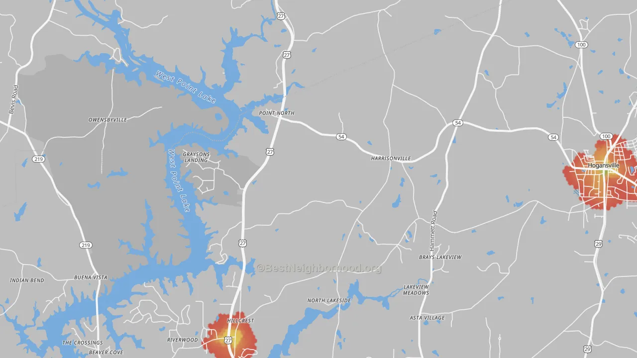 Walk Grade map of Harrisonville, GA, walkable areas in green and car-dependent areas in red
