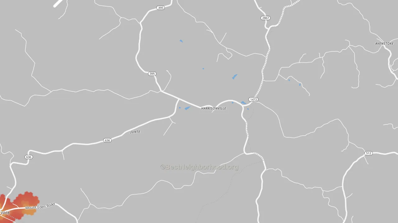 Walk Grade map of Harrisonville, KY, walkable areas in green and car-dependent areas in red
