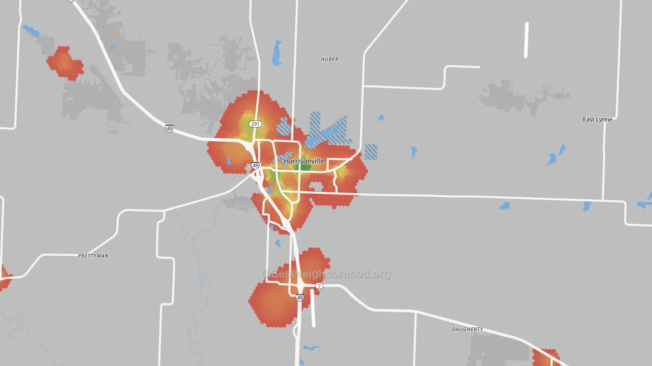 Walk Grade map of Harrisonville, MO, walkable areas in green and car-dependent areas in red