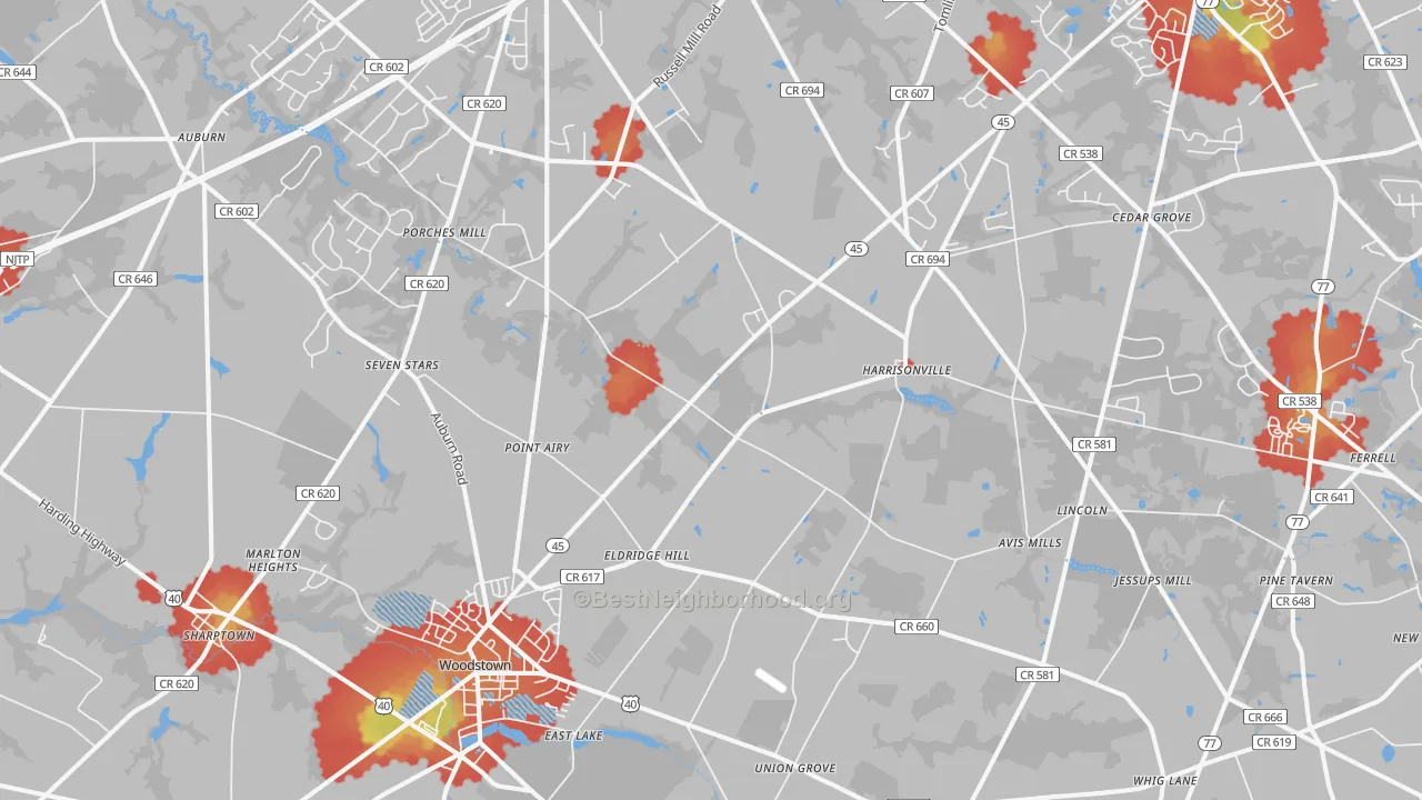 Walk Grade map of Harrisonville, NJ, walkable areas in green and car-dependent areas in red