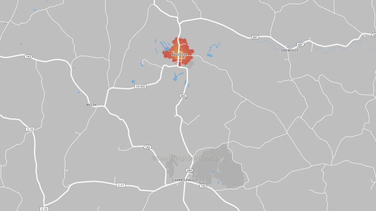 Walk Grade map of Harrisonville, OH, walkable areas in green and car-dependent areas in red