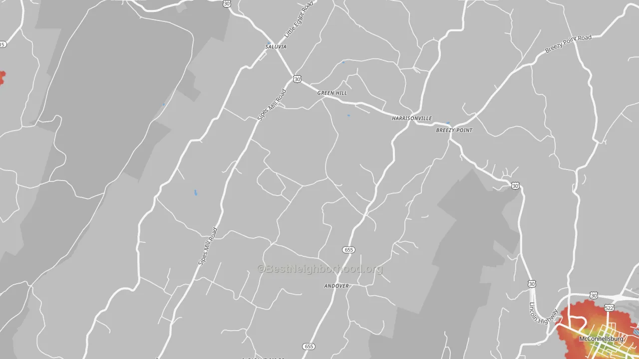 Walk Grade map of Harrisonville, PA, walkable areas in green and car-dependent areas in red