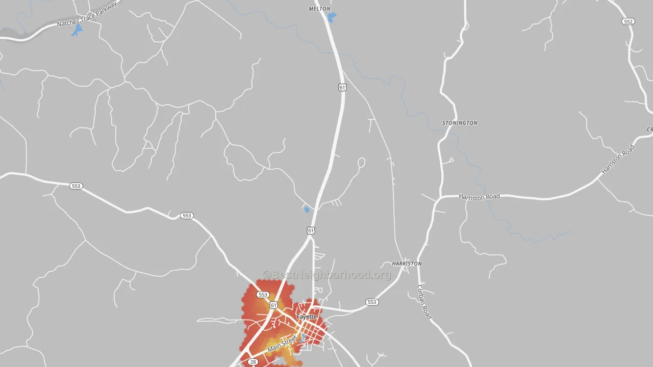 Walk Grade map of Harriston, MS, walkable areas in green and car-dependent areas in red