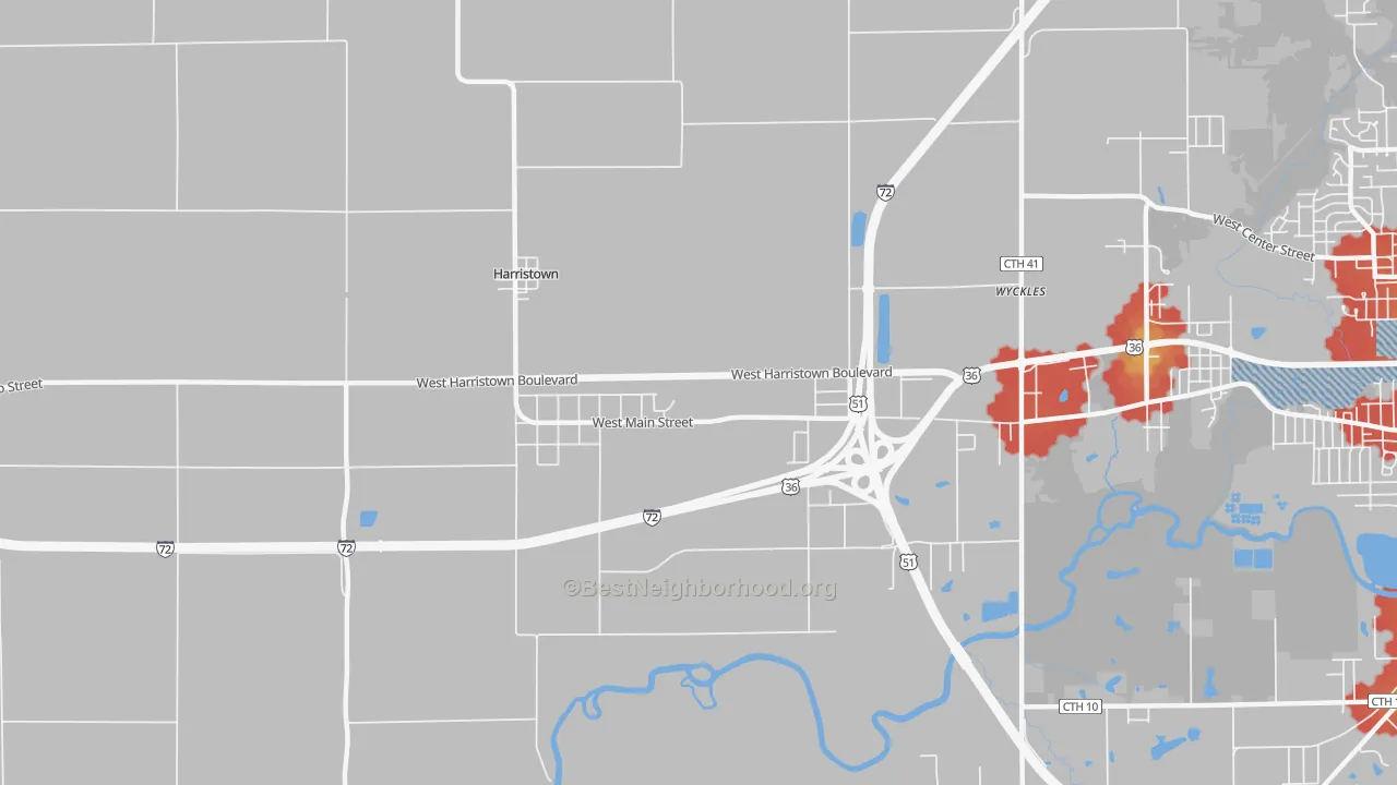 Walk Grade map of Harristown, IL, walkable areas in green and car-dependent areas in red