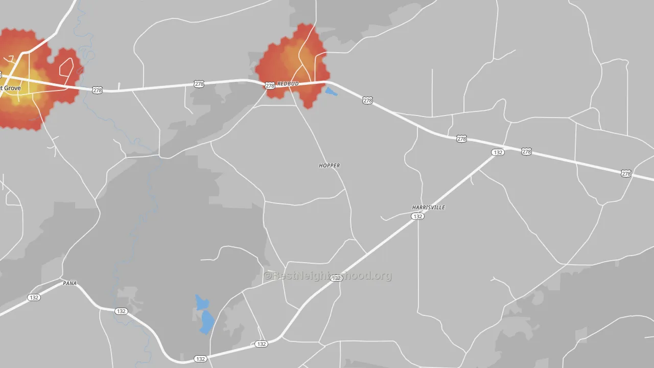 Walk Grade map of Harrisville, AL, walkable areas in green and car-dependent areas in red