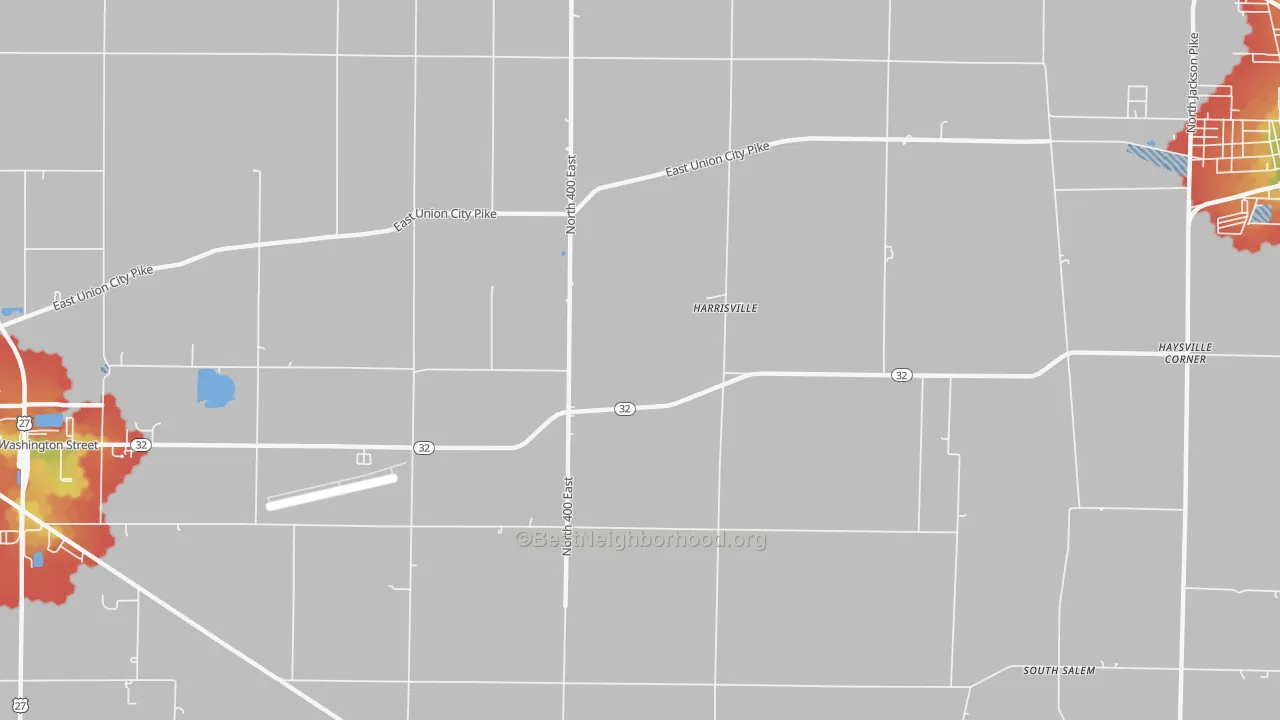Walk Grade map of Harrisville, IN, walkable areas in green and car-dependent areas in red