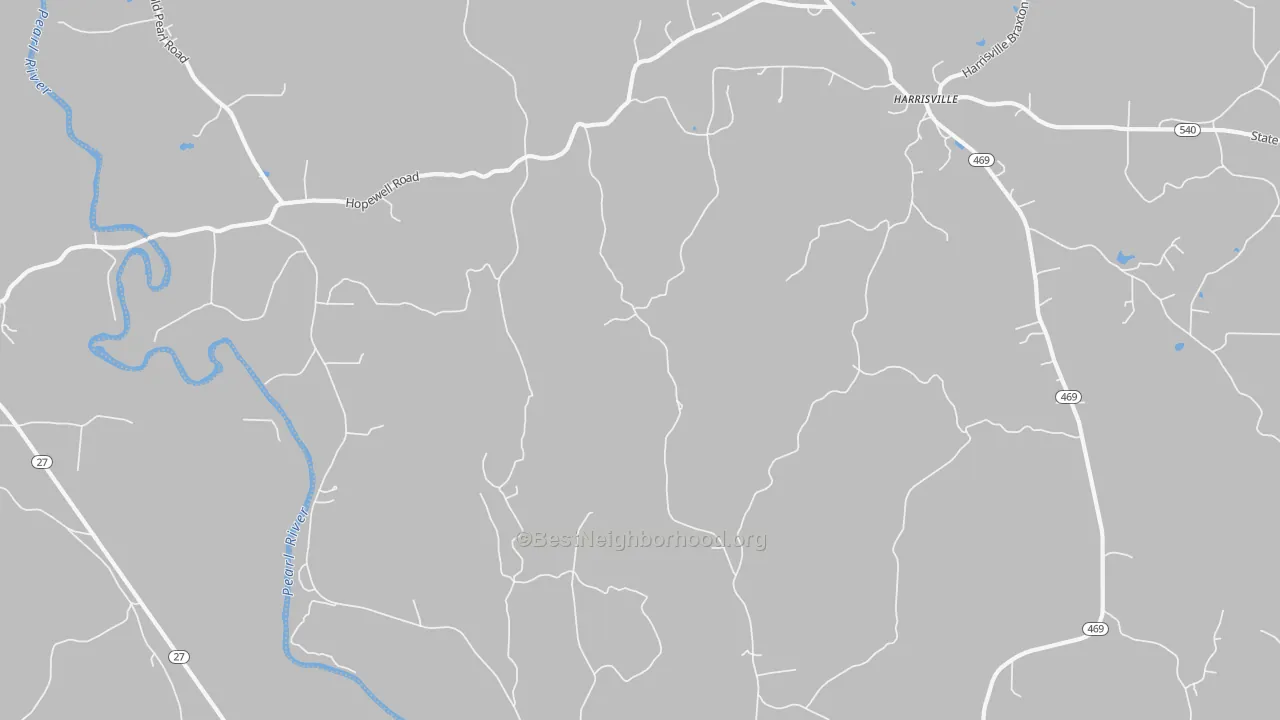 Walk Grade map of Harrisville, MS, walkable areas in green and car-dependent areas in red