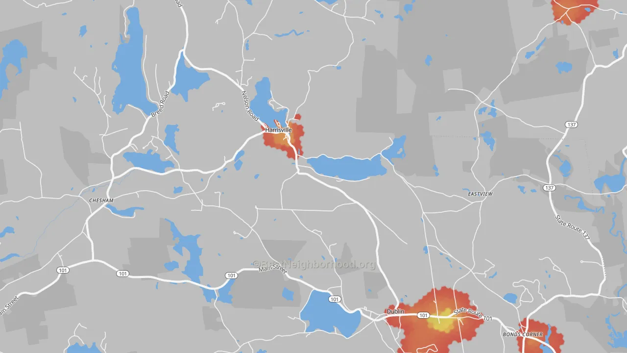 Walk Grade map of Harrisville, NH, walkable areas in green and car-dependent areas in red