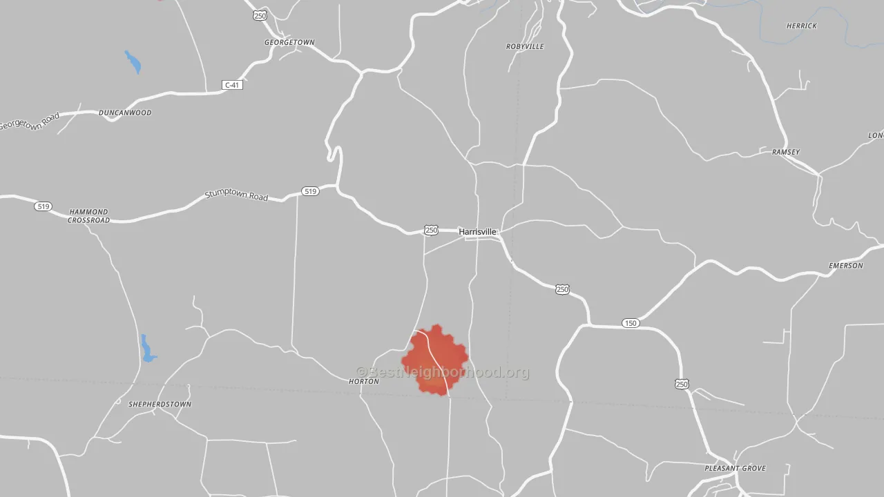 Walk Grade map of Harrisville, OH, walkable areas in green and car-dependent areas in red