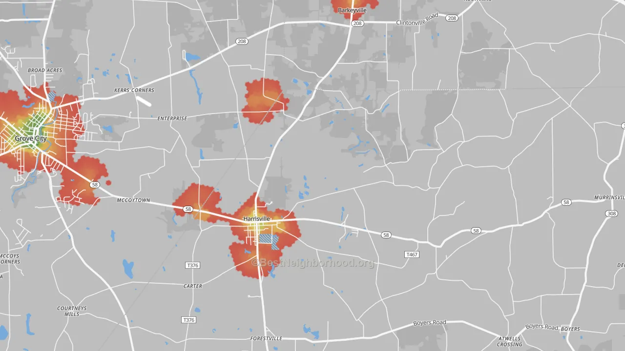 Walk Grade map of Harrisville, PA, walkable areas in green and car-dependent areas in red