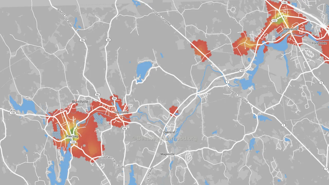 Walk Grade map of Harrisville, RI, walkable areas in green and car-dependent areas in red